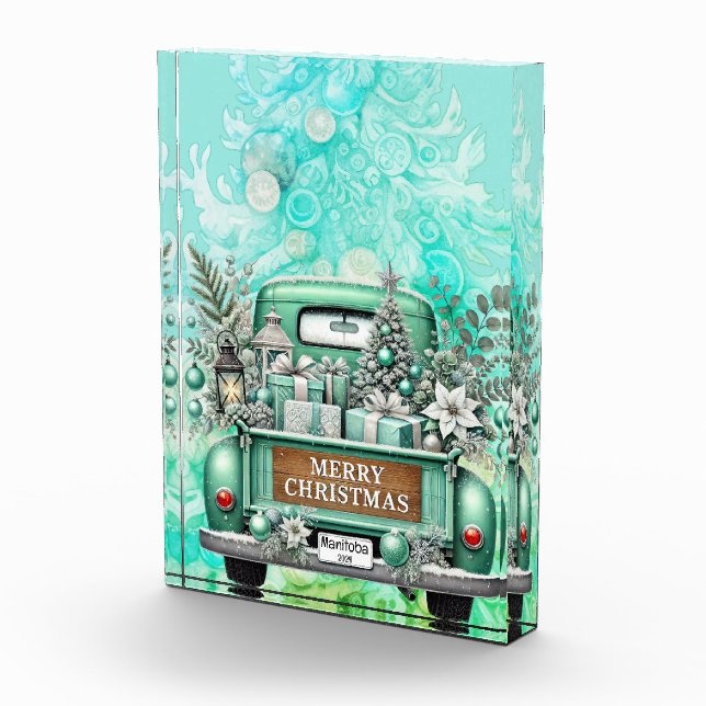 Pale Green Vintage Truck Merry Christmas Photo Block (Right)