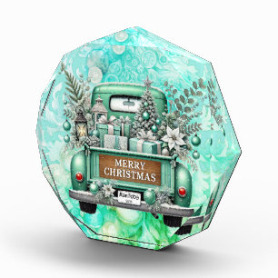 Pale Green Vintage Truck Merry Christmas Photo Block