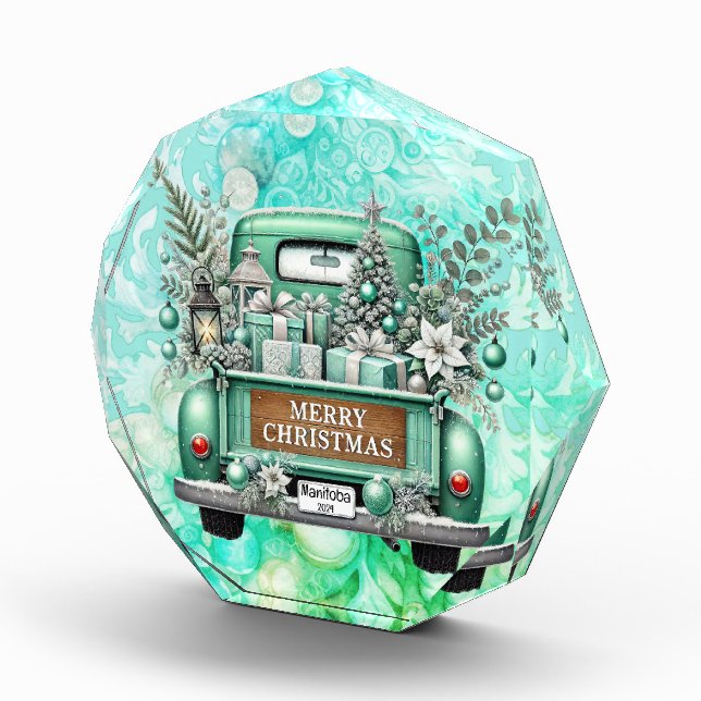 Pale Green Vintage Truck Merry Christmas Photo Block (Right)