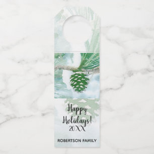 Pale Green Winter Pine Cone Watercolor Bottle Tag