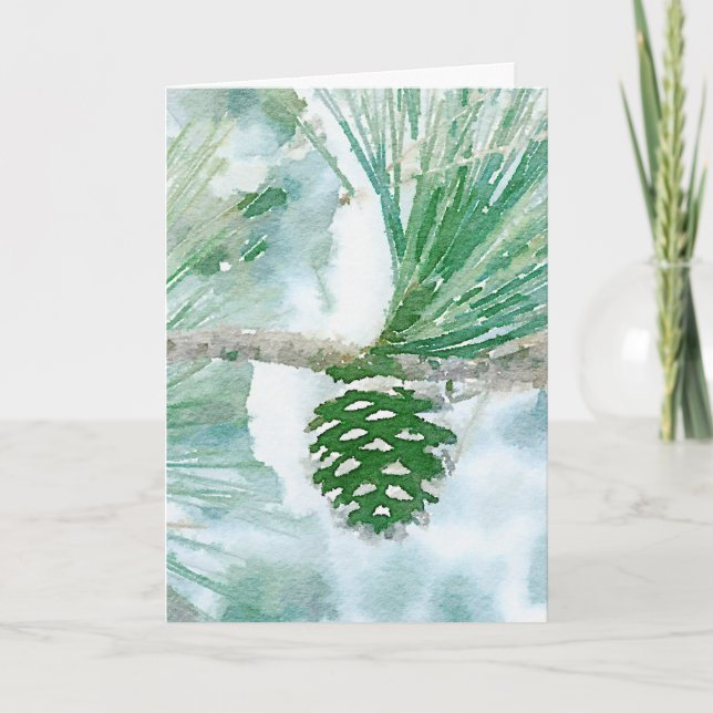 Pale Green Winter Pine Cone Watercolor Holiday Card (Front)