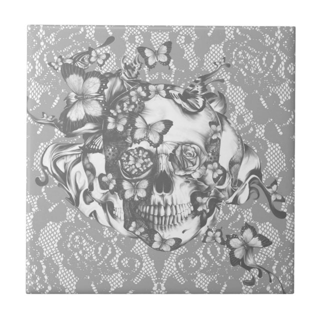 Pale grey butterfly lace skull tile (Front)