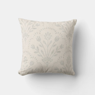 Pale Grey Folk Floral Scallop Pattern Cushion