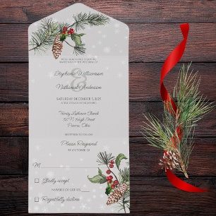 Pale Grey Pine & Holly in Snow  All In One Invitation