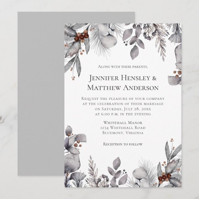 Pale Grey, Silver Terracotta Winter Wedding Invitation (Front/Back)
