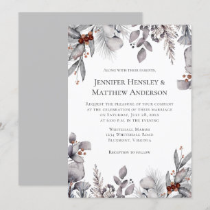 Pale Grey, Silver Terracotta Winter Wedding Invitation