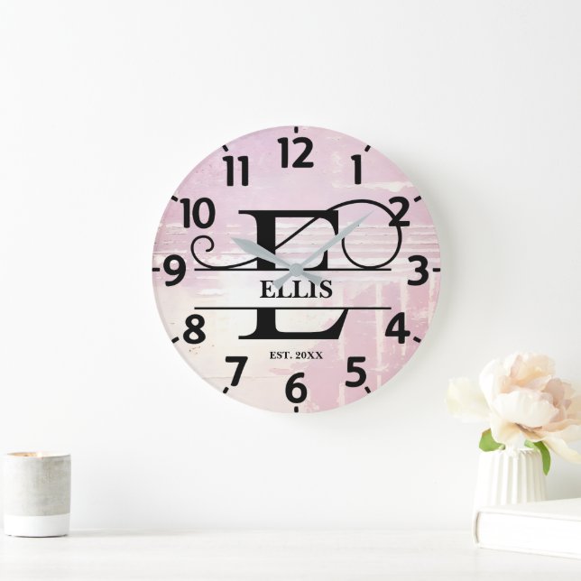 Pale Lavender Distressed E Monogram Large Clock (Home)