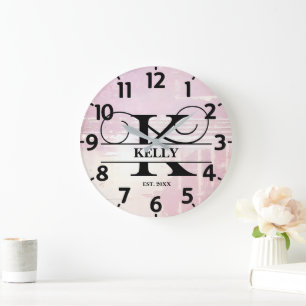 Pale Lavender Distressed K Monogram Large Clock