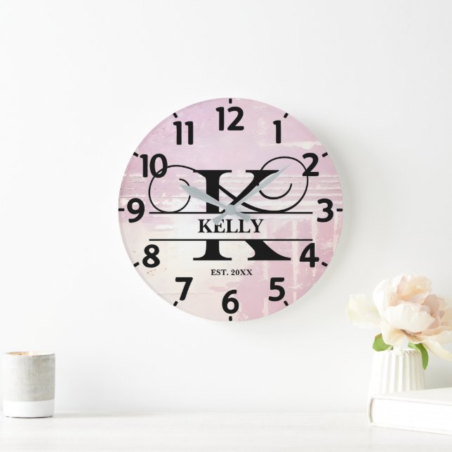 Pale Lavender Distressed K Monogram Large Clock (Home)