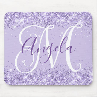 Pale Lavender Glitter Elegant Script Monogram Mouse Mat