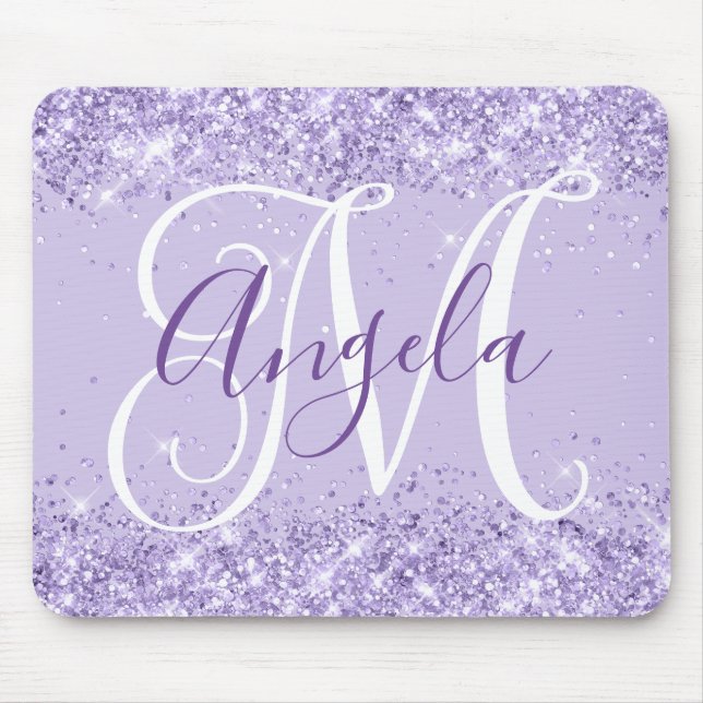 Pale Lavender Glitter Elegant Script Monogram Mouse Mat (Front)
