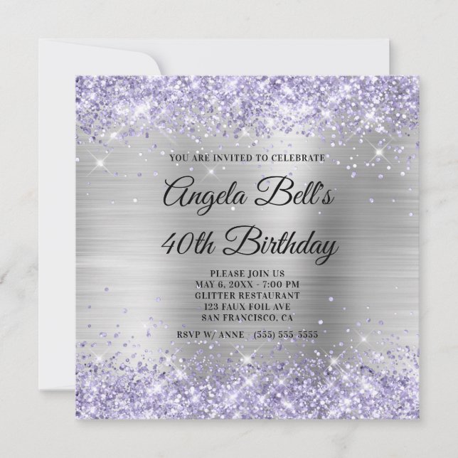 Pale Lavender Glitter Silver Shimmer Foil Monogram Invitation (Front)