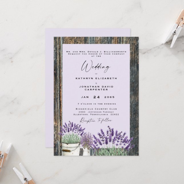 Pale Lavender Rustic Wood Wedding Invitation (Front/Back In Situ)