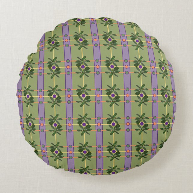 Pale Lavender Stripes with Greens Round Pillow (Front)