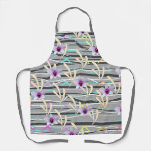 Pale Leaf Gray Pattern Purple Center Floral  Apron