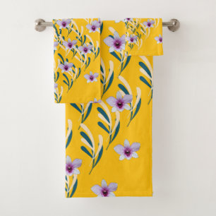 Pale Leaf Gray Pattern Purple Center Floral Yellow Bath Towel Set