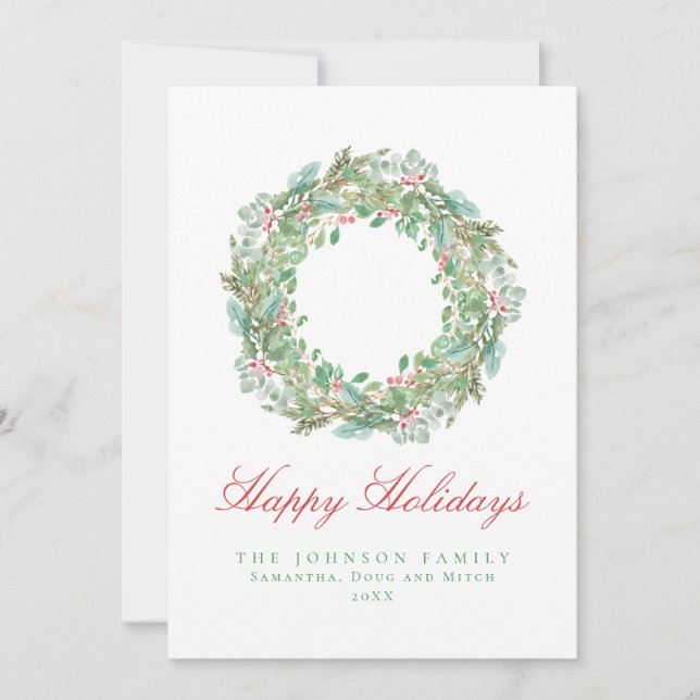 Pale Light Green and Pink Wreath Christmas Holiday Card (Front)