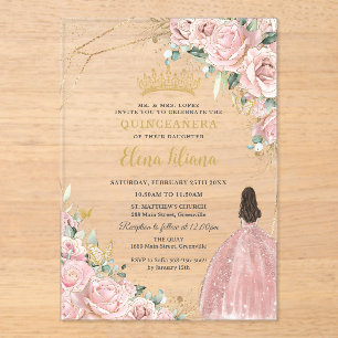 Pale Light Pink Floral Roses Quinceanera Sweet 16 Acrylic Invitations