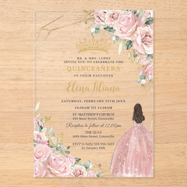 Pale Light Pink Floral Roses Quinceanera Sweet 16 Acrylic Invitations (Front)