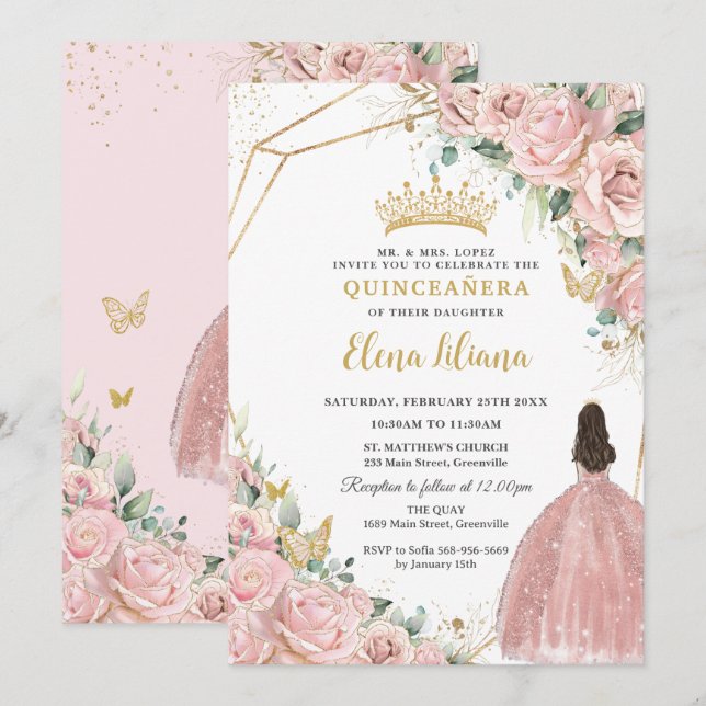 Pale Light Pink Floral Roses Quinceanera Sweet 16 Invitation (Front/Back)