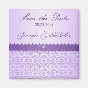 Pale Lilac Metallic Damask & Ribbon Save the Date Magnet