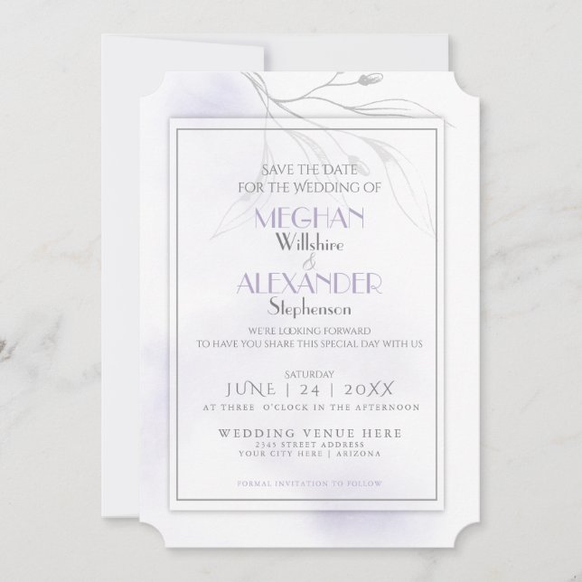 Pale Lilac Watercolor Pewter Willow Branch Save The Date (Front)