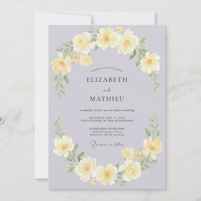 Pale Lilac Yellow Rose Wedding Invitation (Front)