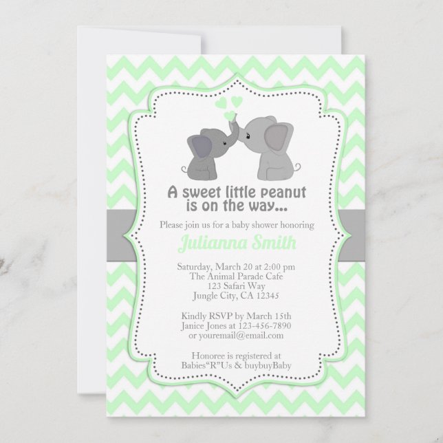 Pale Lime Elephant Baby Shower Invitation Chev 473 (Front)