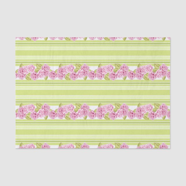 PALE LIME GREEN STRIPES & DELICATE PINK FLOWERS TISSUE PAPER (Front)