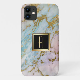Pale Marble Gold Turquoise Monogram iPhone 11 Case
