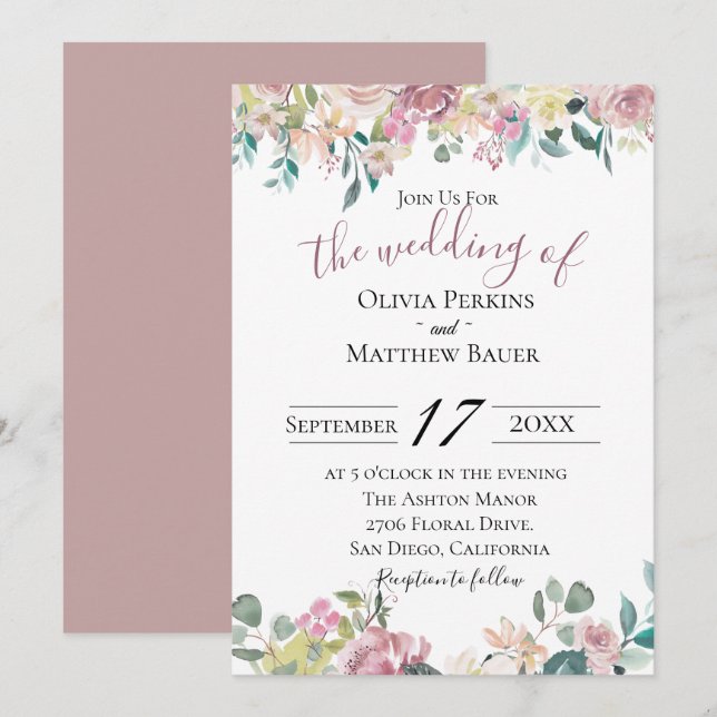 Pale Mauve Floral Wedding Invitation (Front/Back)