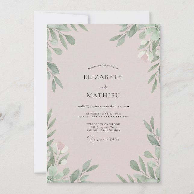 Pale Mauve Leafy Wedding Invitation (Front)