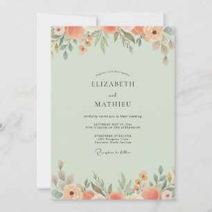 Pale Mint Coral Wildflower Wedding Invitation