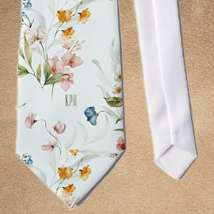 Pale Mint Cream, Initials, Colourful Floral Tie