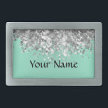 Pale mint green and faux glitter personalised belt buckle<br><div class="desc">Easily personalise this chic elegant girly faux silver metallic glitter sparkle bling and pale mint green aqua plain modern background with your custom text, name or monogram initials to make a unique sophisticated personalised gift. Click Customise to adjust the text / font size or style. PLEASE NOTE the silver is...</div>