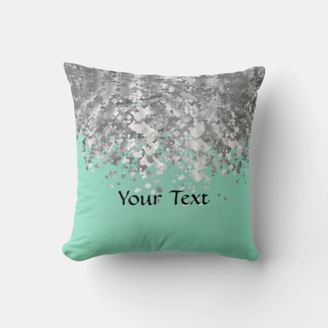 Pale mint green and faux glitter personalised cushion (Front)