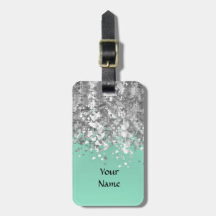 Pale mint green and faux glitter personalised luggage tag
