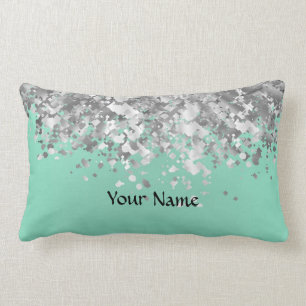 Pale mint green and faux glitter personalised lumbar cushion