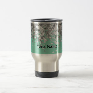 Pale mint green and faux glitter personalised travel mug