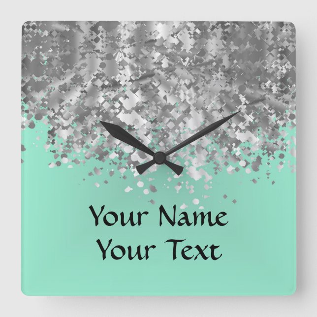 Pale mint green faux glitter personalised square wall clock (Front)