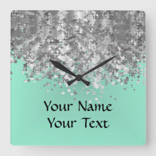 Pale mint green faux glitter personalised square wall clock