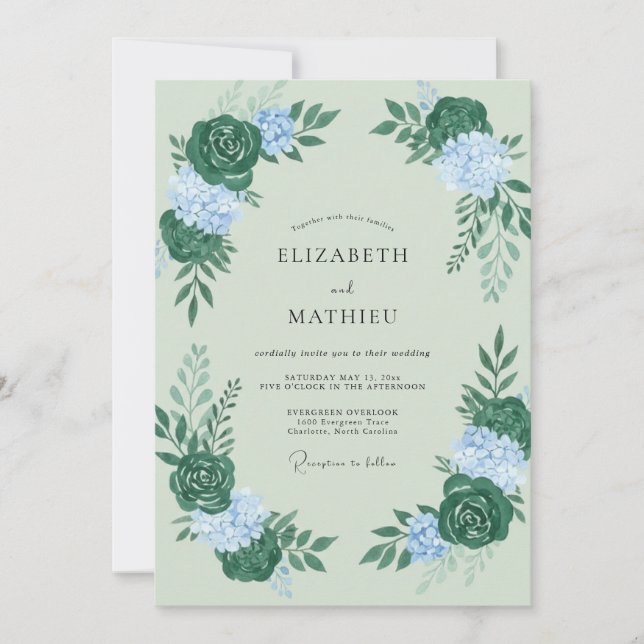 Pale Mint Hydrangea Eucalyptus Wedding Invitation (Front)