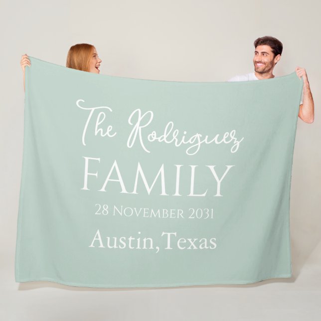 Pale Mint White Simple Customisable Family Name  Fleece Blanket (In Situ)