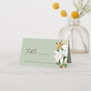 Pale Moss Green Botanical Wedding White Florals Place Card