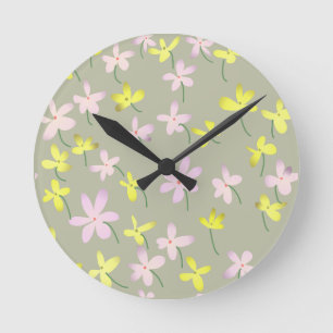 Pale Olive Khaki Sage Beige Yellow Pink Floral Nur Round Clock