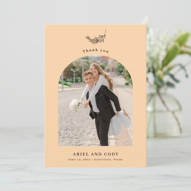 Pale Orange | Arch Wedding Photo Thank You Card (Standing Front)