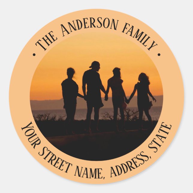 Pale orange Family customisable address and photo  Classic Round Sticker (Front)