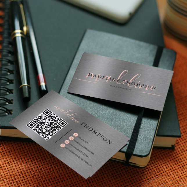 Pale Orange Metallic Brush Steel Script QR code Business Card (Creator Uploaded)