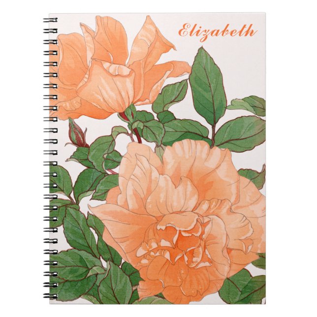 Pale Orange Rose Flowers & Green Leaves Monogram Notebook (Front)