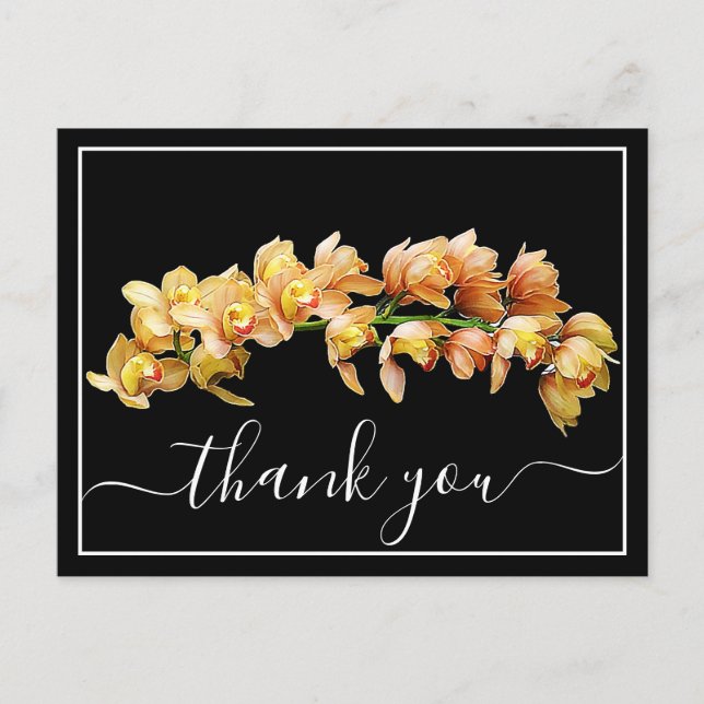 Pale Orange Yellow Orchid Black Backdrop Thank You Postcard (Front)